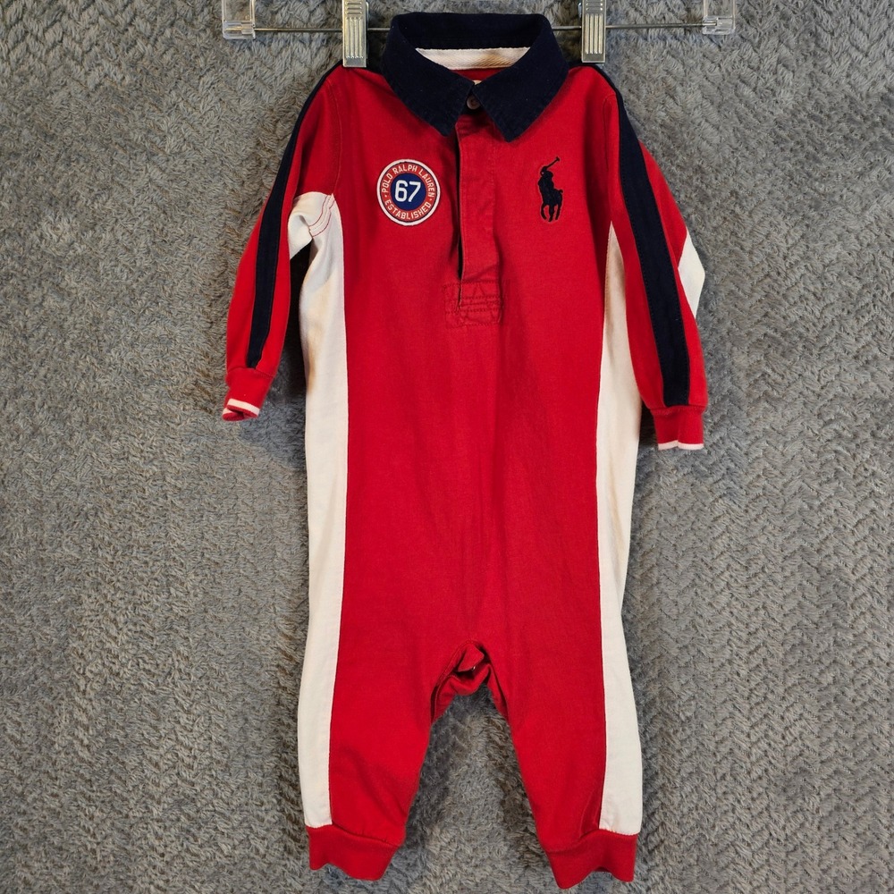 Polo Ralph Lauren Baby Boy Red Rugby Romper 67 Varsity Patch 9M Long Sleeve